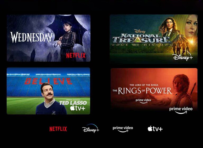 Un póster de Merlina de Netflix, Tesoro Nacional de Disney+, Los anillos del poder de Prime Video, Ted Lasso de Apple TV Plus y un fotograma de LG Channels con un leopardo en su hábitat.