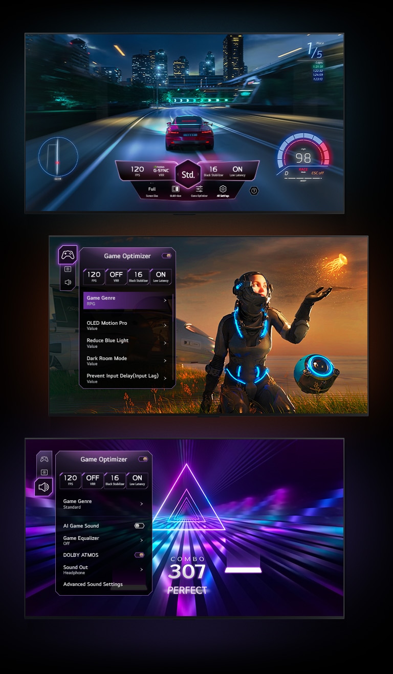 Se muestran tres pantallas de juego sobre un fondo negro degradado. Una muestra un juego de carreras de coches con el panel de control del juego sobrevolando la acción. Otra muestra un juego de ciencia ficción con el menú Game Optimizer. Y la última pantalla muestra la pestaña Juego de Game Optimizer en un juego de música.