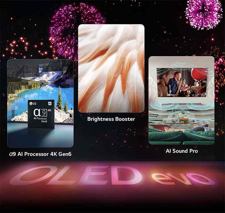 Imagen del LG OLED evo C3 con fuegos artificiales rosas y púrpuras, destacando características clave y sonido.
