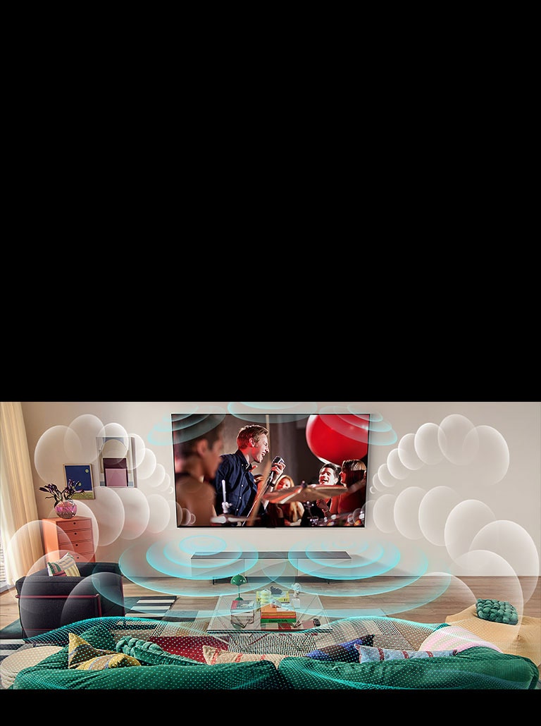Imagen de una televisión LG OLED en una sala en la que se proyecta un concierto de música. Las burbujas que representan el sonido envolvente virtual llenan el espacio.