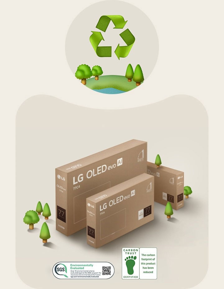 Una imagen del empaque de LG OLED sobre un fondo beige con árboles ilustrados