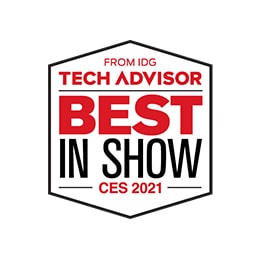 Logotipos de los premios que muestran el modelo LG QNED90 como Mejor del CES 2021 de Tech Advisor en el centro.