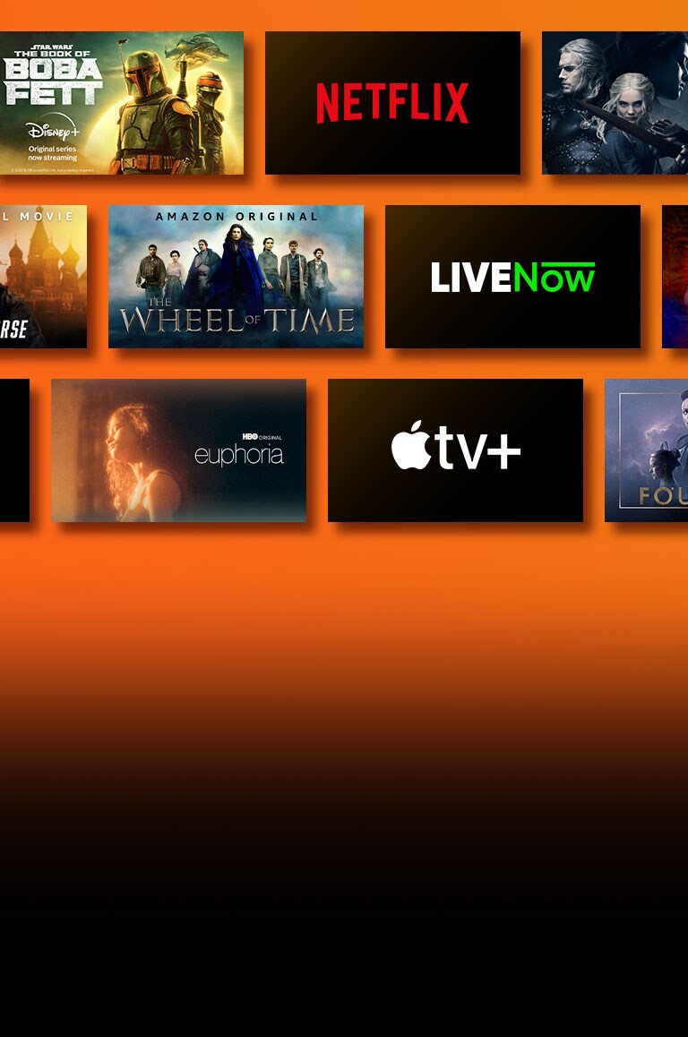 Hay logotipos de plataformas de servicios de transmisión y metrajes coincidentes justo al lado de cada logotipo. Logotipo de Netflix y robo de dinero y The Witcher. Logotipo de Disney y Boba Fett. Logotipo de Prime Video y Without Remorse and The Wheel of Time. Logotipo de Livenow e imagen promocional de mamamoo y de OneUs. Logotipo de HBO Max y de The Wire and Euphoria. Logotipo de Apple TV plus y Foundation and Finch.