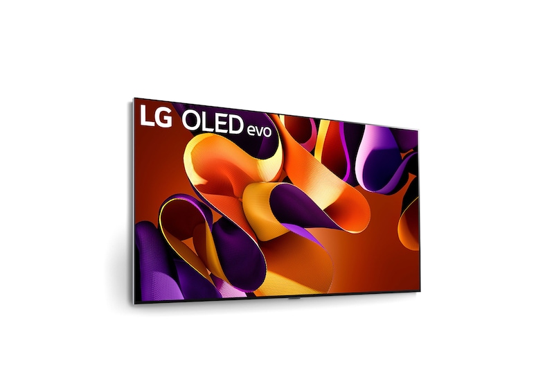 Vista lateral derecha ligeramente inclinada del LG OLED evo TV, OLED G4 en la pared