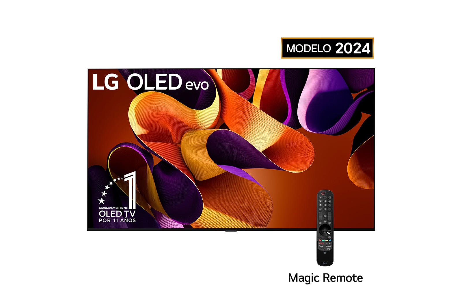 Vista frontal con LG OLED evo TV, OLED G4, el emblema de 11 años de OLED número 1 del mundo y el logotipo de 5 años de garantía del panel en la pantalla