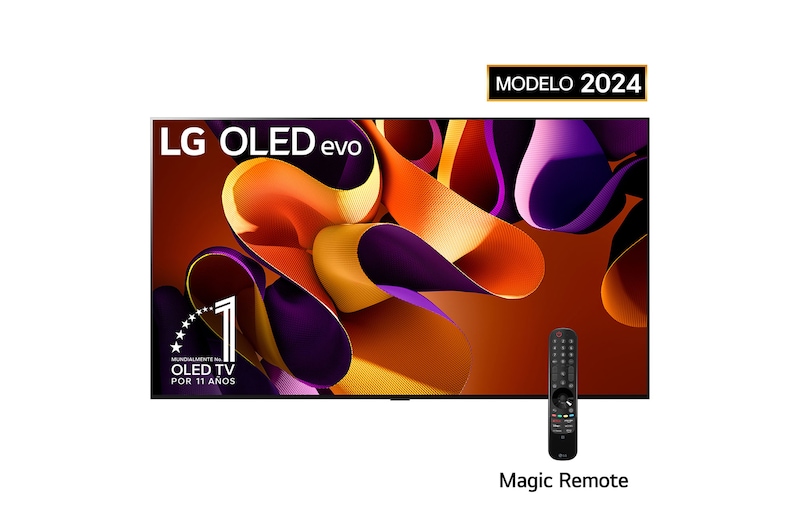 Vista frontal con LG OLED evo TV, OLED G4, el emblema de 11 años de OLED número 1 del mundo y el logotipo de 5 años de garantía del panel en la pantalla