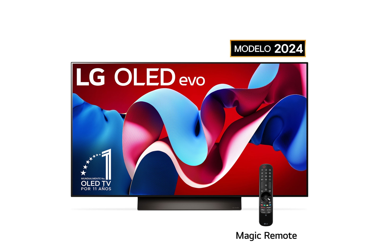 Vista frontal con LG OLED evo y el emblema OLED número 1 del mundo de 11 años en la pantalla, así como la barra de sonido debajo
