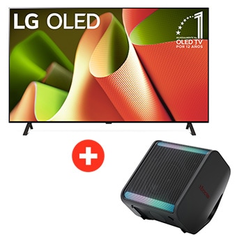 Front view of 83" LG OLED AI B4 4K Smart TV | LG xboom Stage 301 by will.i.am | Bocina Bluetooth portátil | 120W | 12 horas de duración | Negro OLED83B4STA