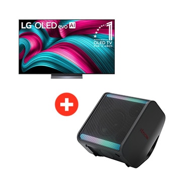 Front view of 83 pulgadas LG OLED evo AI C5 4K Smart TV 2025 + LG xboom Stage 301 by will.i.am | Bocina Bluetooth portátil | 120W | 12 horas de duración | Negro OLED83C5STA