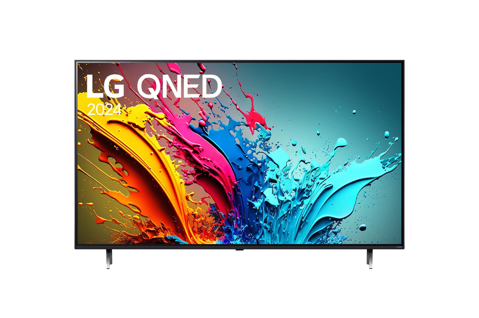 Vista frontal de LG QNED TV, QNED85 con texto de LG QNED, 2024 y logotipo de webOS Re:New Program en pantalla