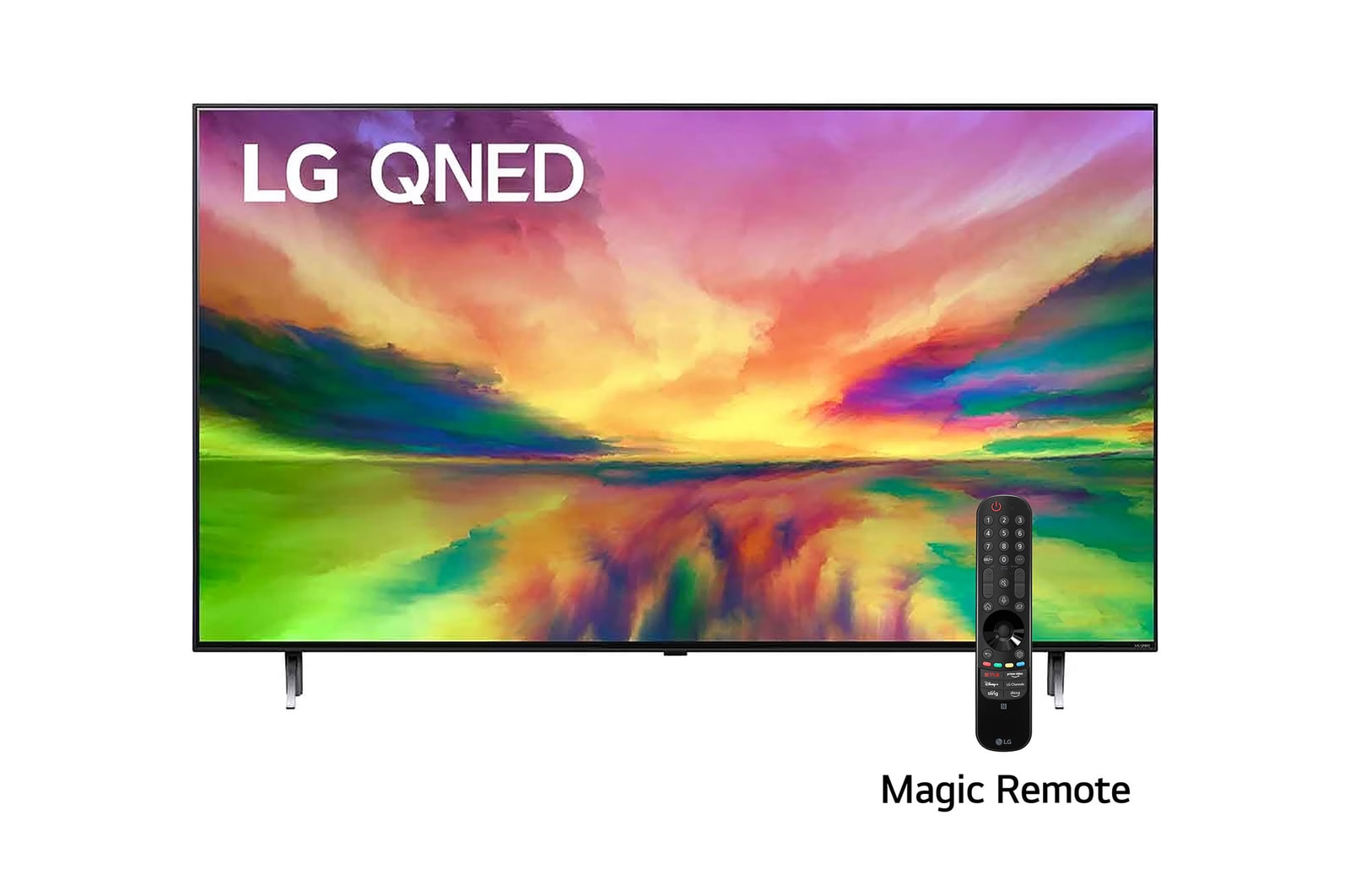 LG Pantalla LG QNED 75'' QNED80 4K SMART TV con ThinQ AI , Una vista frontal del televisor LG QNED con una imagen de relleno y el logotipo del producto en, 75QNED80SRA, thumbnail 1