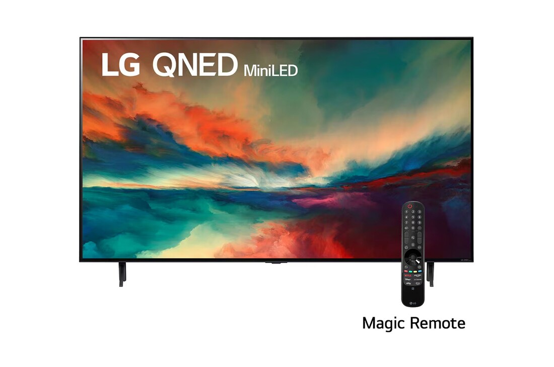 LG Pantalla LG QNED miniLED 75'' QNED85 4K SMART TV con ThinQ AI, Una vista frontal del televisor LG QNED con una imagen de relleno y el logotipo del producto en, 75QNED85SRA, thumbnail 1