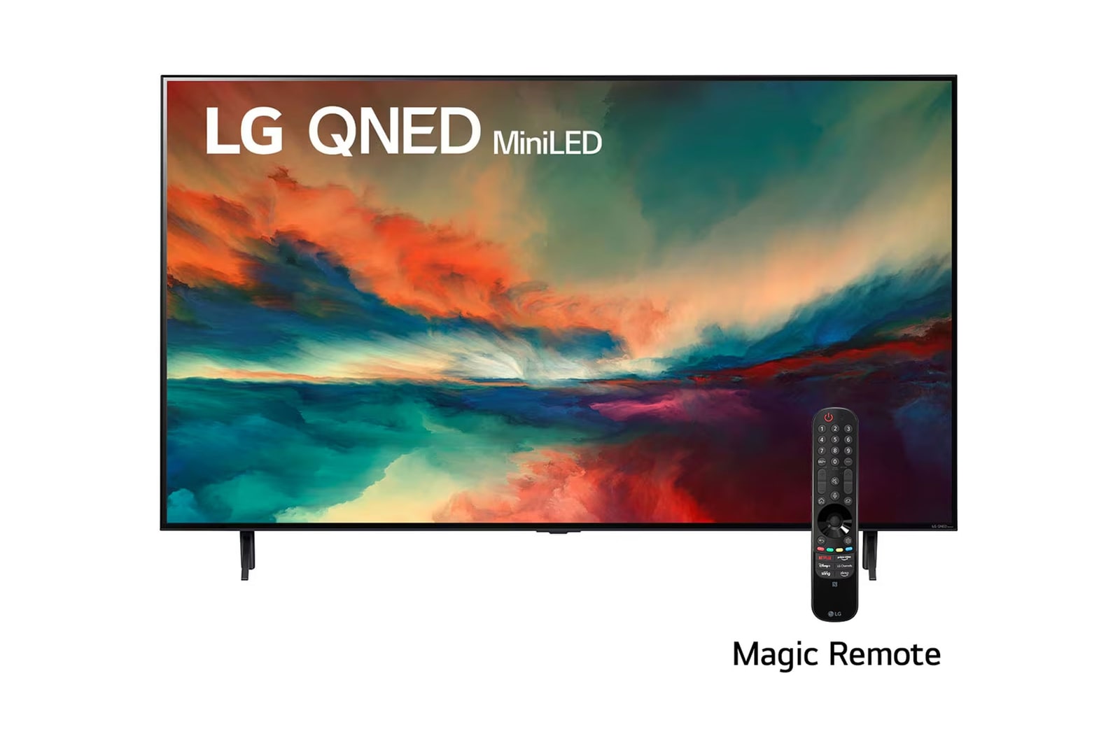 LG Pantalla LG QNED miniLED 75'' QNED85 4K SMART TV con ThinQ AI, Una vista frontal del televisor LG QNED con una imagen de relleno y el logotipo del producto en, 75QNED85SRA, thumbnail 1