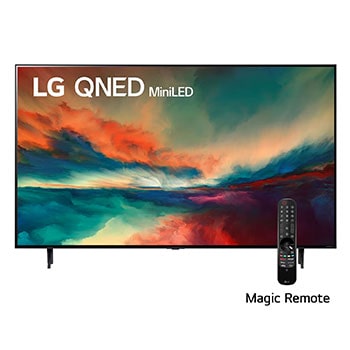 LG Pantalla LG QNED miniLED 75'' QNED85 4K SMART TV con ThinQ AI, Una vista frontal del televisor LG QNED con una imagen de relleno y el logotipo del producto en, 75QNED85SRA, thumbnail 1