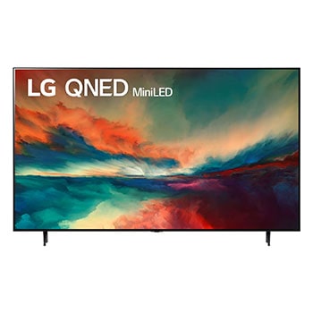 LG Pantalla LG QNED miniLED 75'' QNED85 4K SMART TV con ThinQ AI, Una vista frontal del televisor LG QNED con una imagen de relleno y el logotipo del producto en, 75QNED85SRA, thumbnail 1