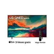 LG Pantalla LG QNED miniLED 86'' QNED85 4K SMART TV con ThinQ AI, Una vista frontal del televisor LG QNED con una imagen de relleno y el logotipo del producto en, 86QNED85SRA, thumbnail 1