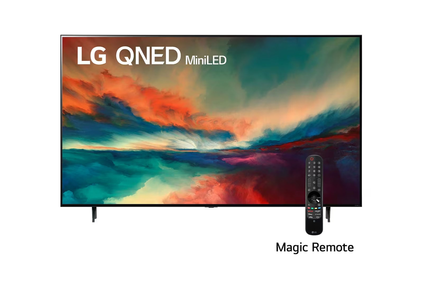 LG Pantalla LG QNED miniLED 86'' QNED85 4K SMART TV con ThinQ AI, Una vista frontal del televisor LG QNED con una imagen de relleno y el logotipo del producto en, 86QNED85SRA, thumbnail 1