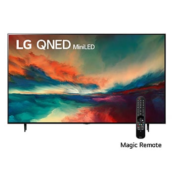 LG Pantalla LG QNED miniLED 86'' QNED85 4K SMART TV con ThinQ AI, Una vista frontal del televisor LG QNED con una imagen de relleno y el logotipo del producto en, 86QNED85SRA, thumbnail 1