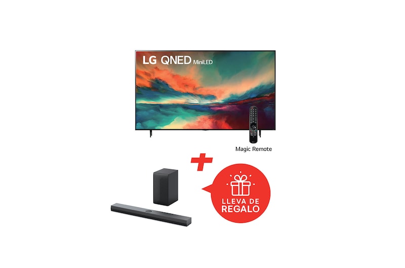 Front view of Pantalla LG QNED miniLED 86" QNED85 4K SMART TV con ThinQ AI + Barra de sonido LG S70TY 400W ch 3.1.1 Dolby Atmos® WOW Orchestra AI Sound Pro 86QNEDS70T