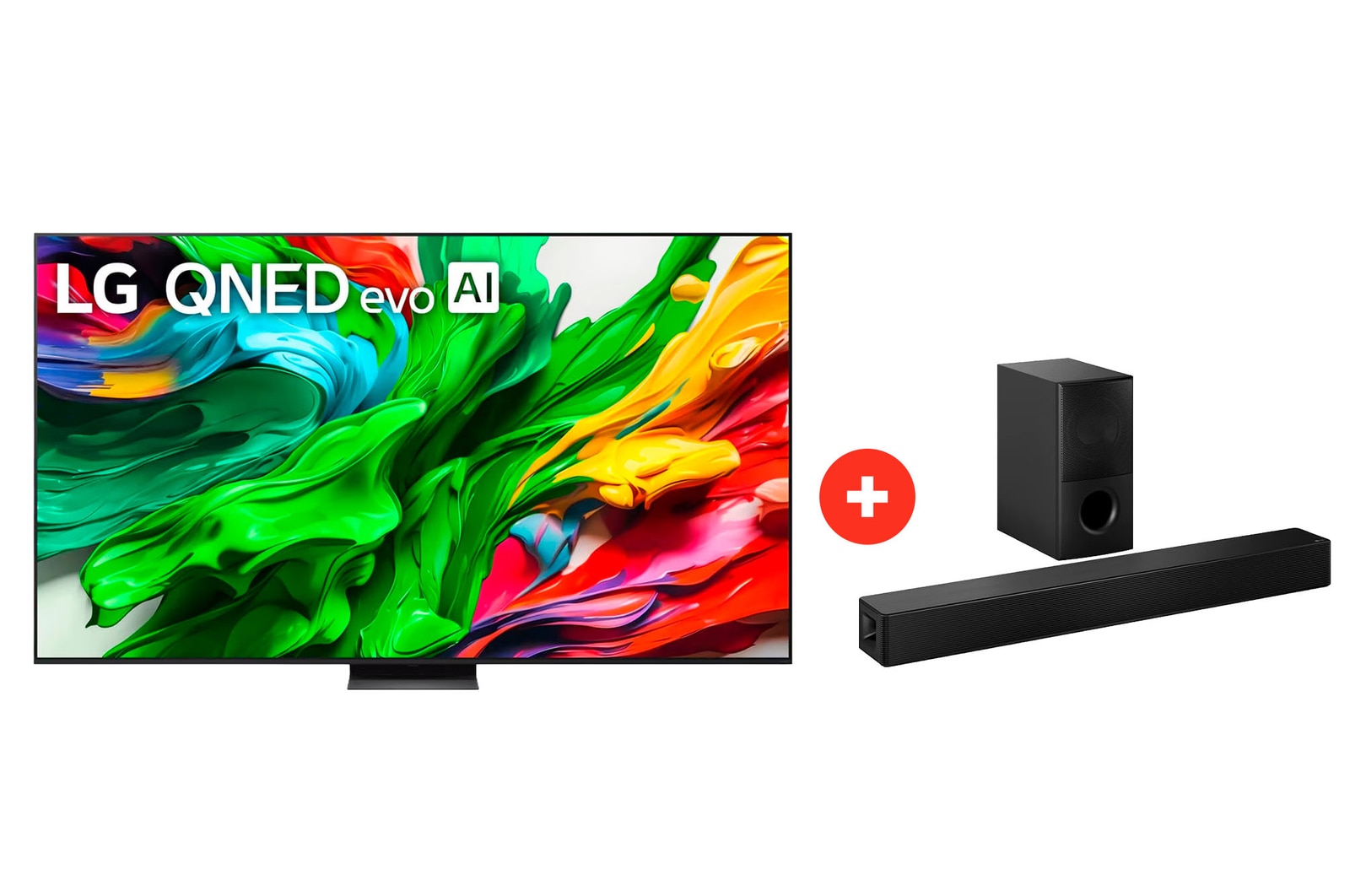 Front view of 100" LG QNED evo AI QNED86 MiniLED 4K Smart TV + Barra de sonido LG para TV con Dolby Atmos SH5WC 100Q86SH5.BDN