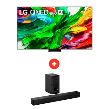 Front view of 100" LG QNED evo AI QNED86 MiniLED 4K Smart TV + Barra de sonido LG para TV con Dolby Atmos SH5WC 100Q86SH5.BDN