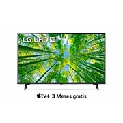 Una vista frontal del televisor LG UHD con la imagen de relleno y el logotipo del producto encima