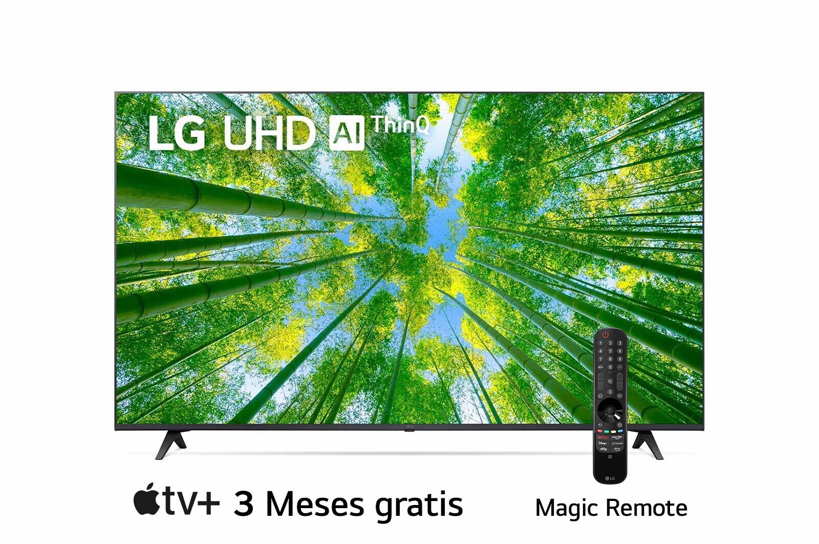 Una vista frontal del televisor LG UHD con la imagen de relleno y el logotipo del producto encima