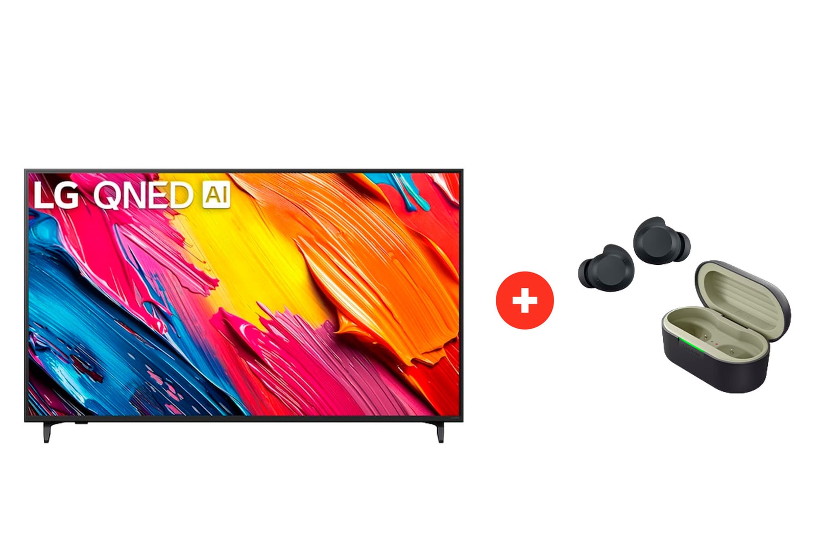 Front view of 55" LG QNED AI QNED73 4K Smart TV + LG xboom Buds Lite by will.i.am | Audífonos Bluetooth | xboom Signature Sound con driver de grafeno | Color Negro 55Q73BUDLTE.BDL