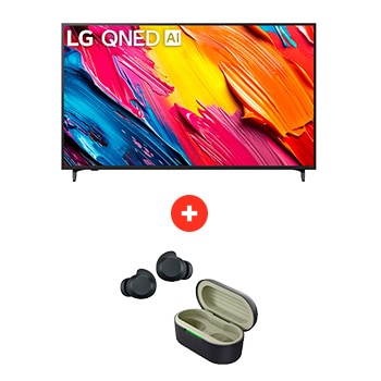 Front view of 55" LG QNED AI QNED73 4K Smart TV + LG xboom Buds Lite by will.i.am | Audífonos Bluetooth | xboom Signature Sound con driver de grafeno | Color Negro 55Q73BUDLTE.BDL