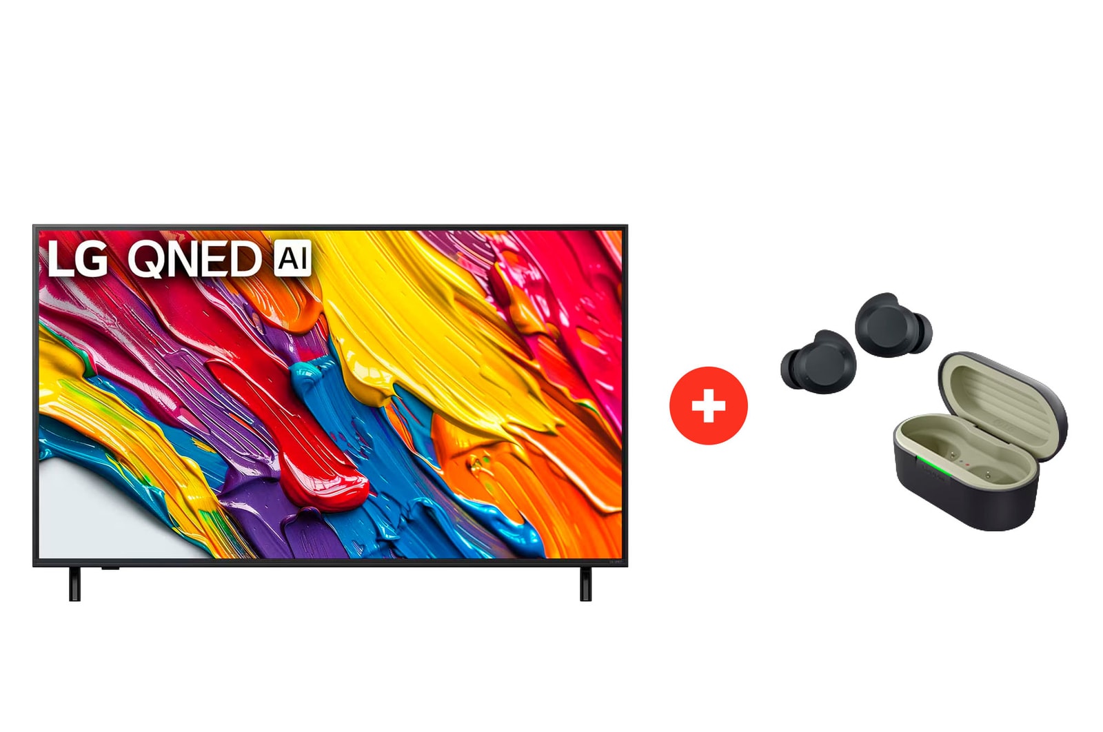 Front view of 55 pulgadas LG QNED AI QNED82 4K Smart TV + LG xboom Buds Lite by will.i.am | Audífonos Bluetooth | xboom Signature Sound con driver de grafeno | Color Negro 55Q82BUDLTE.BDL
