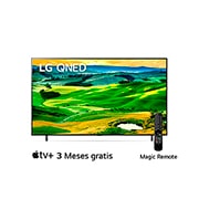 LG  LG QNED 55'' QNED80 Smart TV con ThinQ AI (Inteligencia Artificial), Una vista frontal del televisor LG QNED con una imagen de relleno y el logotipo del producto, 55QNED80SQA