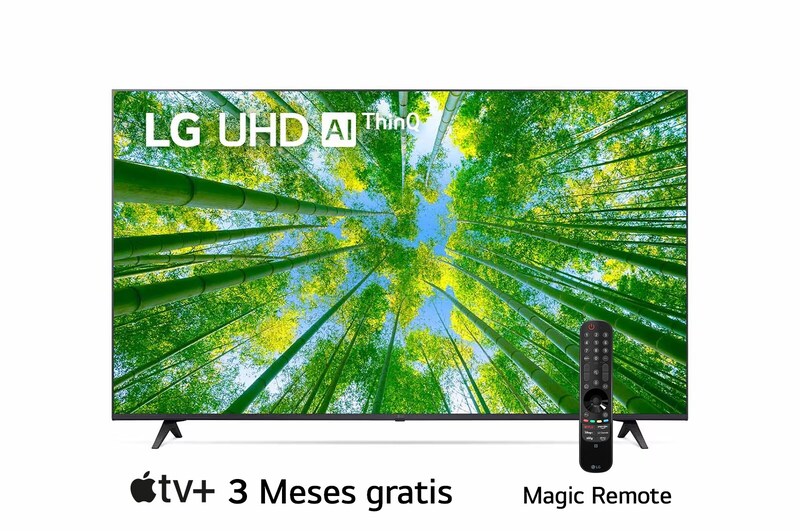 LG UHD 55'' UQ8050 Smart TV con ThinQ AI (Inteligencia Artificial), Una vista frontal del televisor LG UHD con la imagen de relleno y el logotipo del producto encima, 55UQ8050PSB
