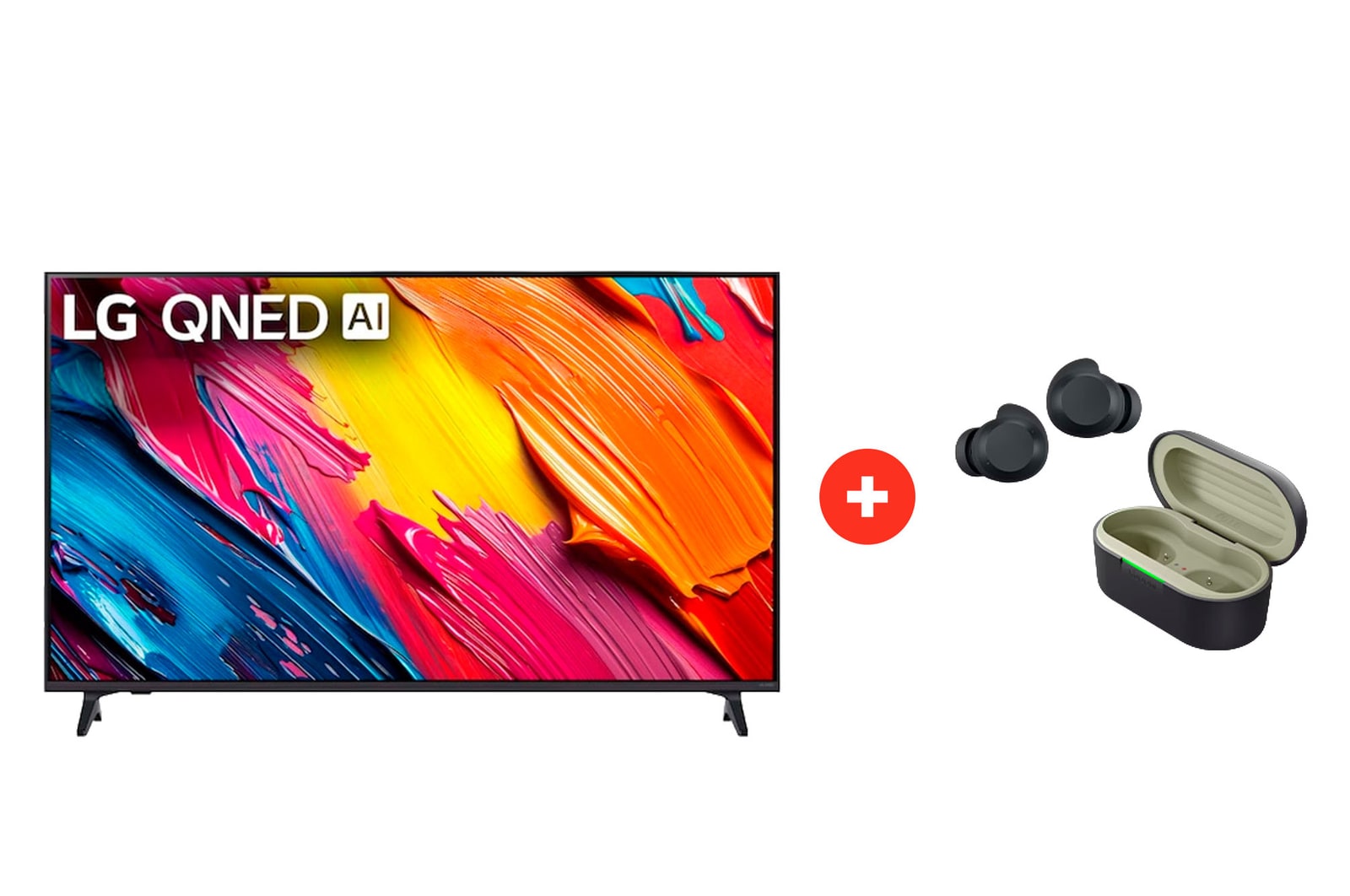Front view of 65" LG QNED AI 4K Smart TV colores más reales – Incluye Magic Remote AI + LG xboom Buds Lite by will.i.am | Audífonos Bluetooth | xboom Signature Sound con driver de grafeno | Color Negro 65Q70BUDLTE.BDL