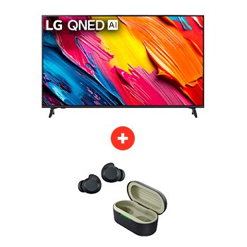 Front view of 65" LG QNED AI 4K Smart TV colores más reales – Incluye Magic Remote AI + LG xboom Buds Lite by will.i.am | Audífonos Bluetooth | xboom Signature Sound con driver de grafeno | Color Negro 65Q70BUDLTE.BDL
