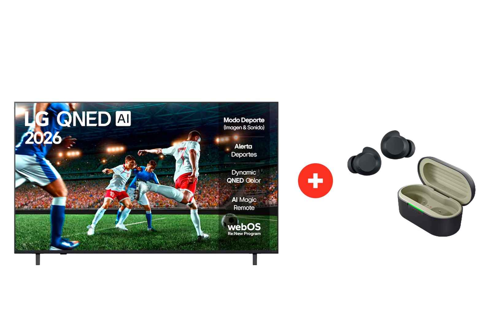 Front view of 65" LG QNED73 AI 4K Smart TV colores más reales + LG xboom Buds Lite by will.i.am | Audífonos Bluetooth | xboom Signature Sound con driver de grafeno | Color Negro 65Q73BUDLTE.BDL