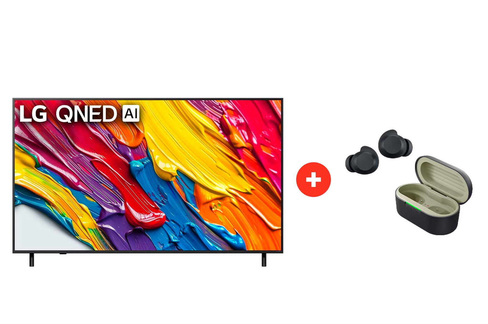 Front view of 65 pulgadas LG QNED AI QNED82 4K Smart TV + LG xboom Buds Lite by will.i.am | Audífonos Bluetooth | xboom Signature Sound con driver de grafeno | Color Negro 65Q82BUDLTE.BDL