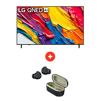 Front view of 65 pulgadas LG QNED AI QNED82 4K Smart TV + LG xboom Buds Lite by will.i.am | Audífonos Bluetooth | xboom Signature Sound con driver de grafeno | Color Negro 65Q82BUDLTE.BDL