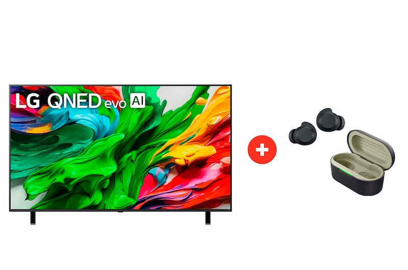 Front view of 65 pulgadas LG QNED evo AI QNED85 MiniLED 4K Smart TV + LG xboom Buds Lite by will.i.am | Audífonos Bluetooth | xboom Signature Sound con driver de grafeno | Color Negro 65Q85BUDLTE.BDL