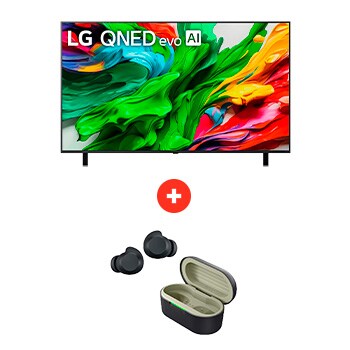 Front view of 65 pulgadas LG QNED evo AI QNED85 MiniLED 4K Smart TV + LG xboom Buds Lite by will.i.am | Audífonos Bluetooth | xboom Signature Sound con driver de grafeno | Color Negro 65Q85BUDLTE.BDL