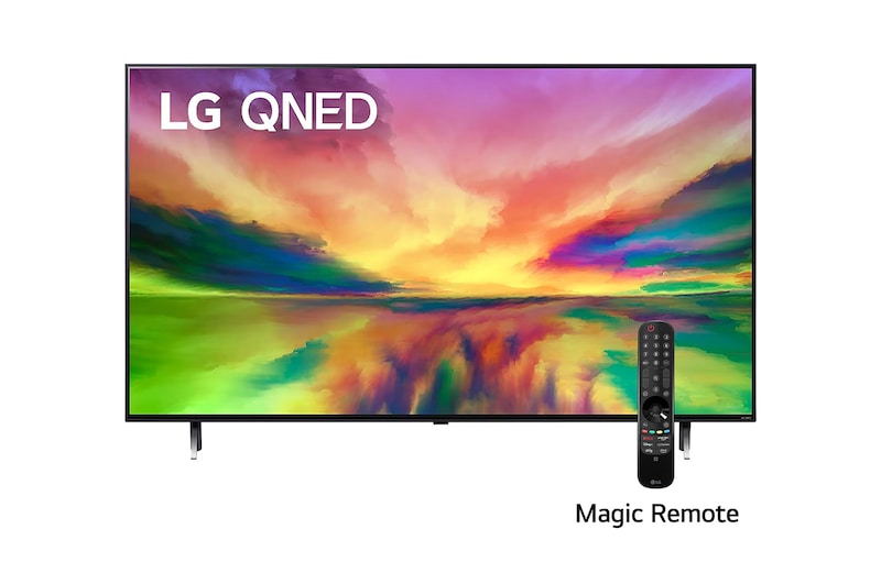 LG Pantalla LG QNED 65'' QNED80 4K SMART TV con ThinQ AI , Una vista frontal del televisor LG QNED con una imagen de relleno y el logotipo del producto en, 65QNED80SRA