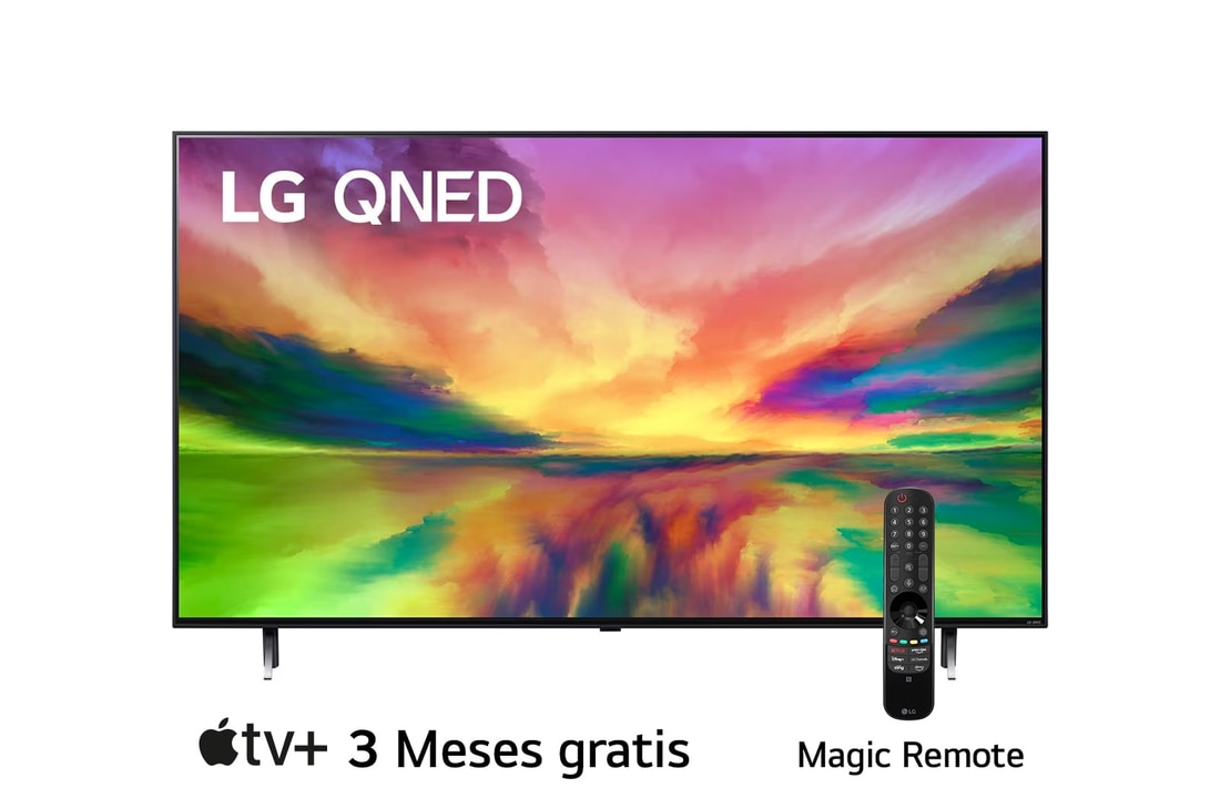 LG Pantalla LG QNED 65'' QNED80 4K SMART TV con ThinQ AI , Una vista frontal del televisor LG QNED con una imagen de relleno y el logotipo del producto en, 65QNED80SRA