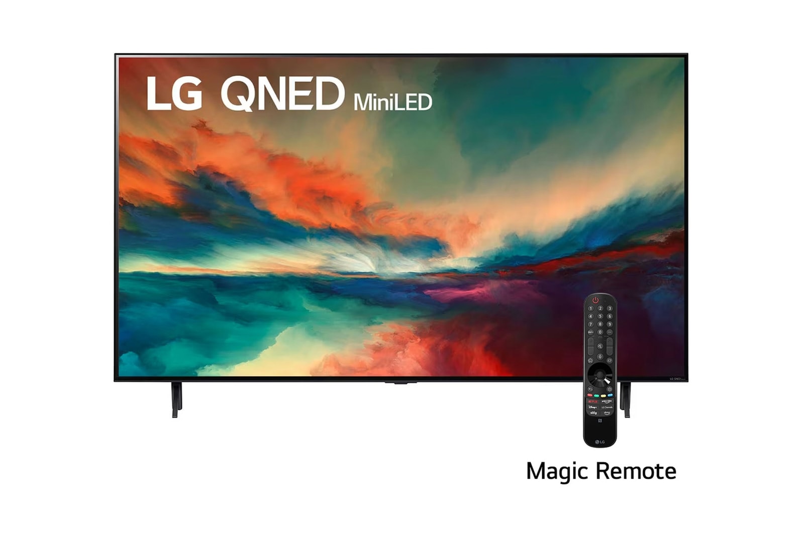 LG Pantalla LG QNED miniLED 65'' QNED85 4K SMART TV con ThinQ AI, Una vista frontal del televisor LG QNED con una imagen de relleno y el logotipo del producto en, 65QNED85SRA, thumbnail 1