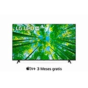 Una vista frontal del televisor LG UHD con la imagen de relleno y el logotipo del producto encima