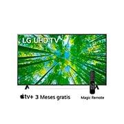 Una vista frontal del televisor LG UHD con la imagen de relleno y el logotipo del producto encima