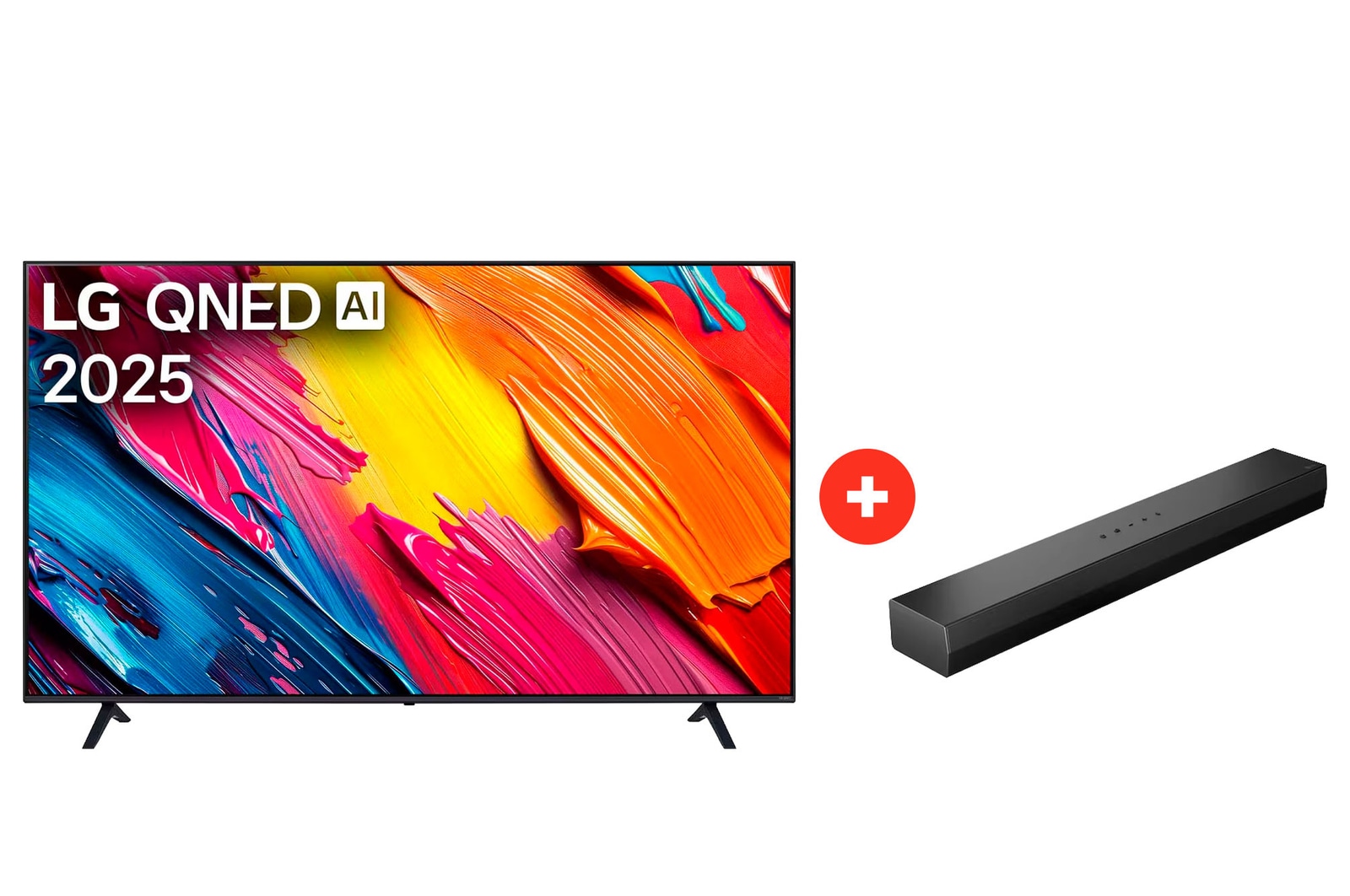 Front view of 75" LG QNED AI QNED70 4K Smart TV + LG Soundbar | Barra de Sonido LG S20 | Dolby Digital | 2.0 canales 75Q70S20.BDL