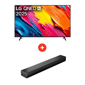 Front view of 75" LG QNED AI QNED70 4K Smart TV + LG Soundbar | Barra de Sonido LG S20 | Dolby Digital | 2.0 canales 75Q70S20.BDL