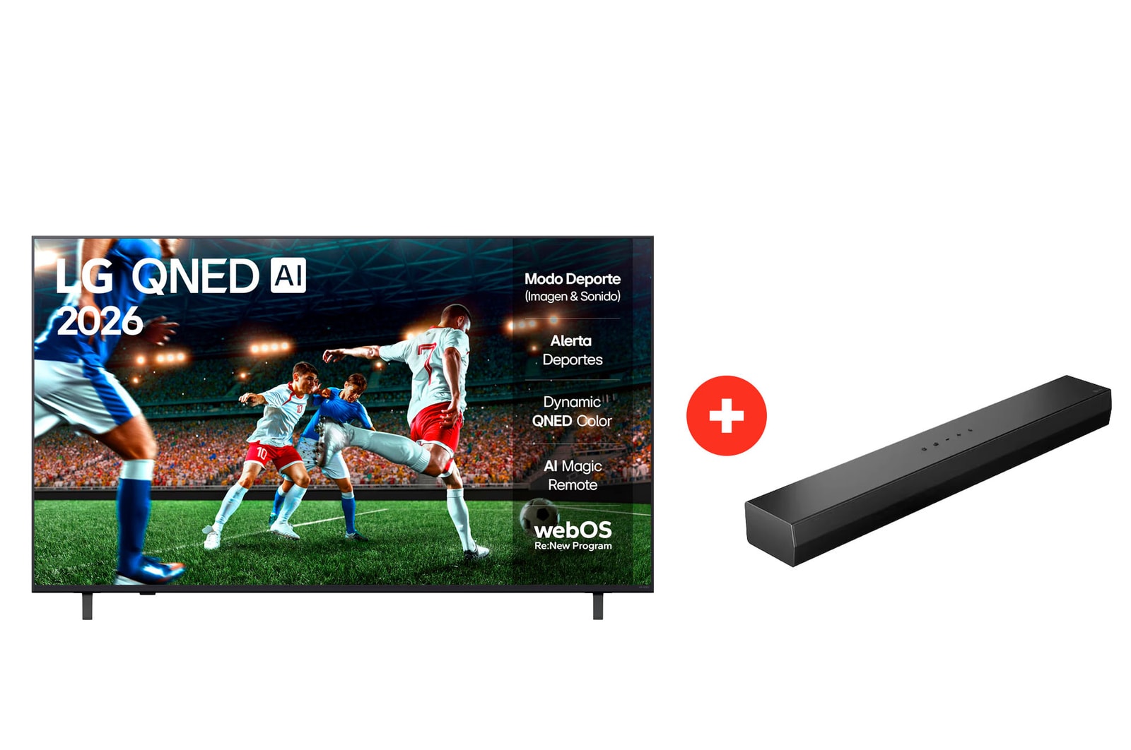 Front view of 75" LG QNED73 AI 4K Smart TV + LG Soundbar | Barra de Sonido LG S20 | Dolby Digital | 2.0 canales 75Q73S20.BDL