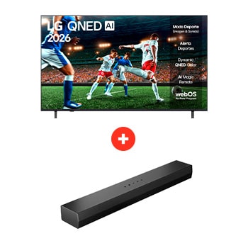 Front view of 75" LG QNED73 AI 4K Smart TV + LG Soundbar | Barra de Sonido LG S20 | Dolby Digital | 2.0 canales 75Q73S20.BDL