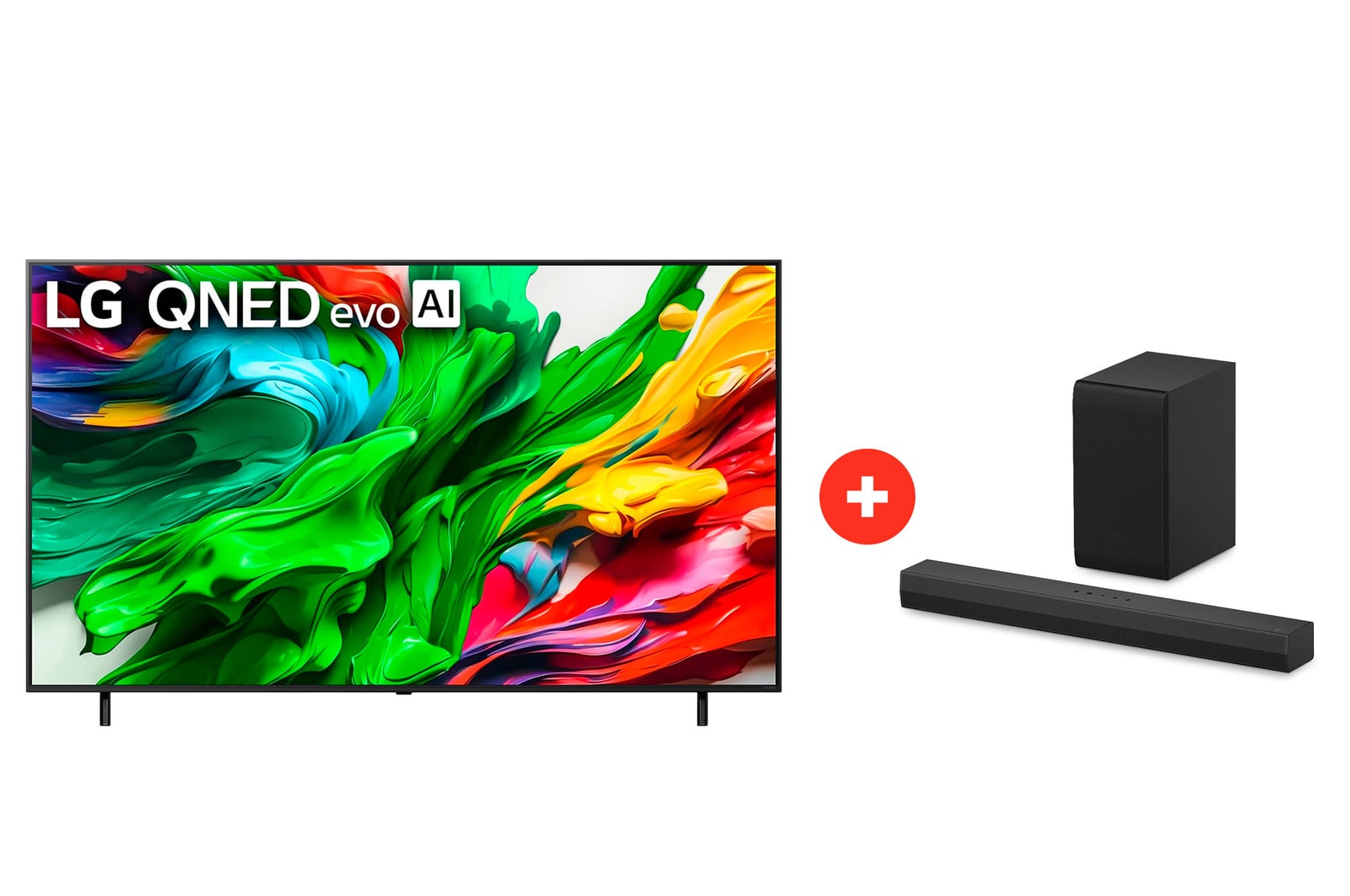 Front view of 75" LG QNED evo AI QNED85 MiniLED 4K Smart TV + LG Soundbar | Barra de Sonido S30A | 140W 75Q85S30.BDL