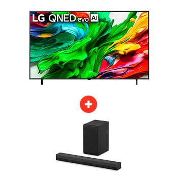 Front view of 75" LG QNED evo AI QNED85 MiniLED 4K Smart TV + LG Soundbar | Barra de Sonido S30A | 140W 75Q85S30.BDL